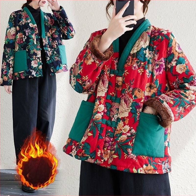 Medvilninis paltas su fliso įdėklu, didelis gėlių raštas, kontrastinis dizainas, laisvas siluetas, moterų žieminis lauko drabužis etno-retro stiliuje