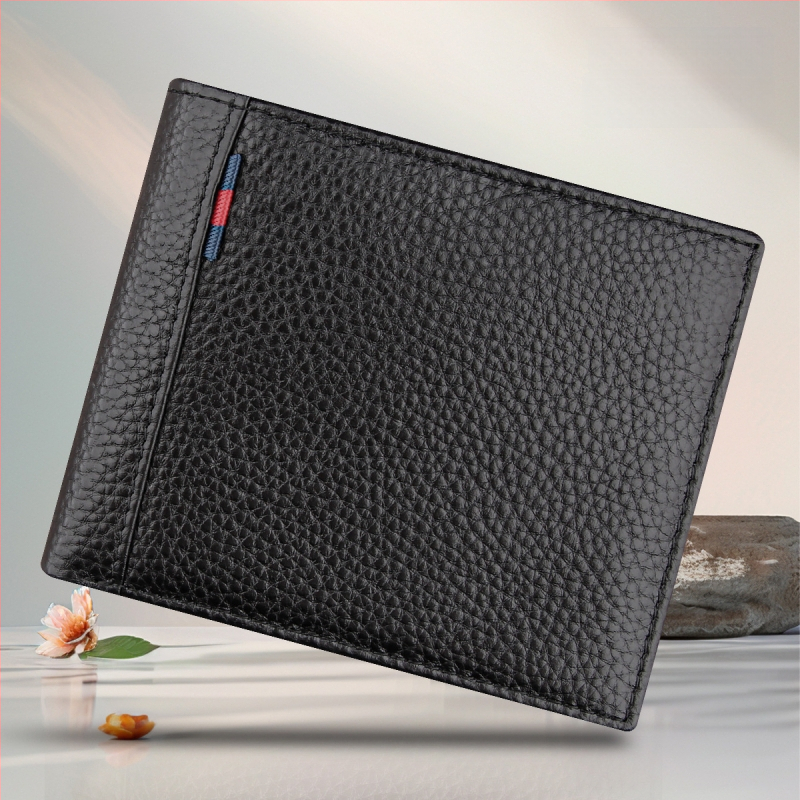 Portofel scurt pentru bărbați, din piele de vițel de primă calitate, cu buzunar cu fermoar, stil urban minimalist, model monocrom, căptușeală Guangzhou