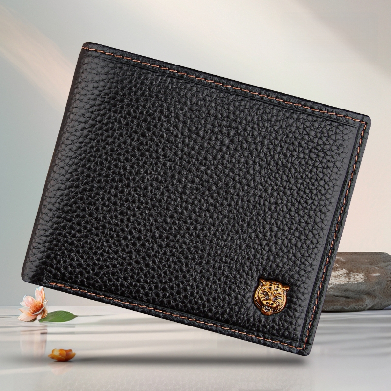 Portofel scurt pentru bărbați, din piele de vițel de primă calitate, cu buzunar cu fermoar, stil urban minimalist, model monocrom, căptușeală Guangzhou