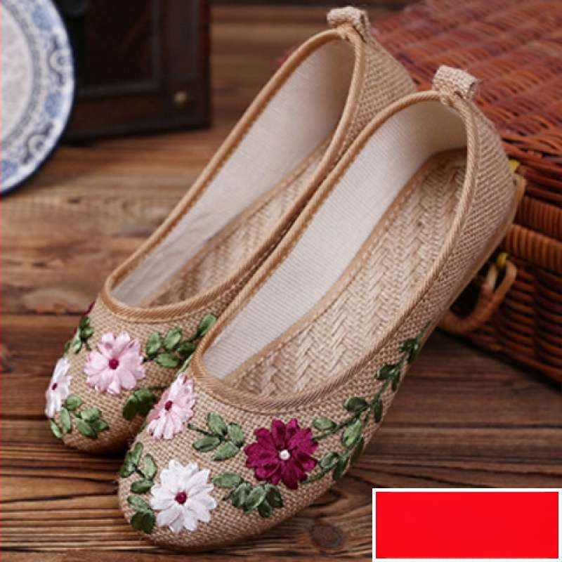 Rankų darbo megzti moterų bateliai | Etninis gėlių raštas | Viršus iš kanapių, padas iš TPR, vidutinio aukščio kulkšnies, apvalus pirštas | Vasaros sezonas