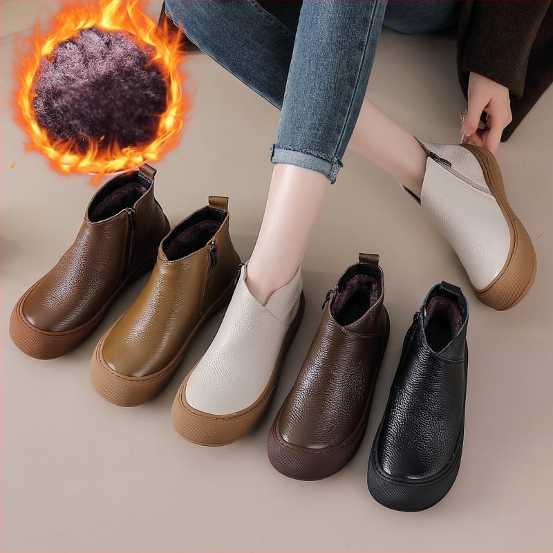 Cizme dama din piele naturală, înălțime peste gleznă, căptușeală pluș artificială, fermoar lateral, talpă din cauciuc, pentru iarnă și toamnă