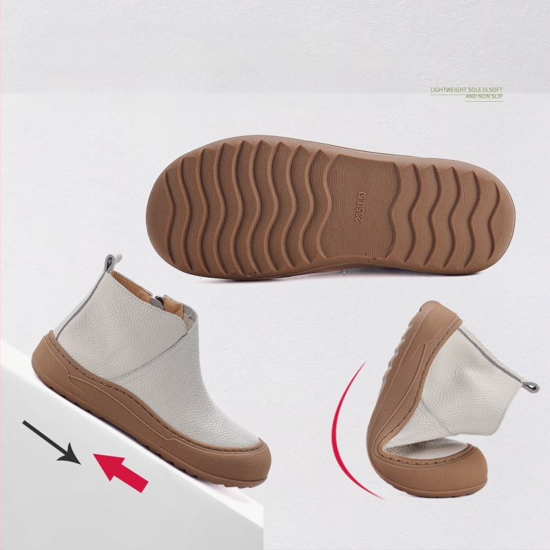 Cizme dama din piele naturală, înălțime peste gleznă, căptușeală pluș artificială, fermoar lateral, talpă din cauciuc, pentru iarnă și toamnă