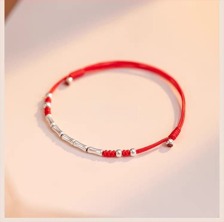 S925 srebrna ženska narukvica i anklet s bambus kuglicama, crveni konac tkanje, podesiva