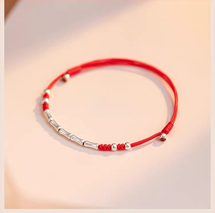 S925 srebrna ženska narukvica i anklet s bambus kuglicama, crveni konac tkanje, podesiva