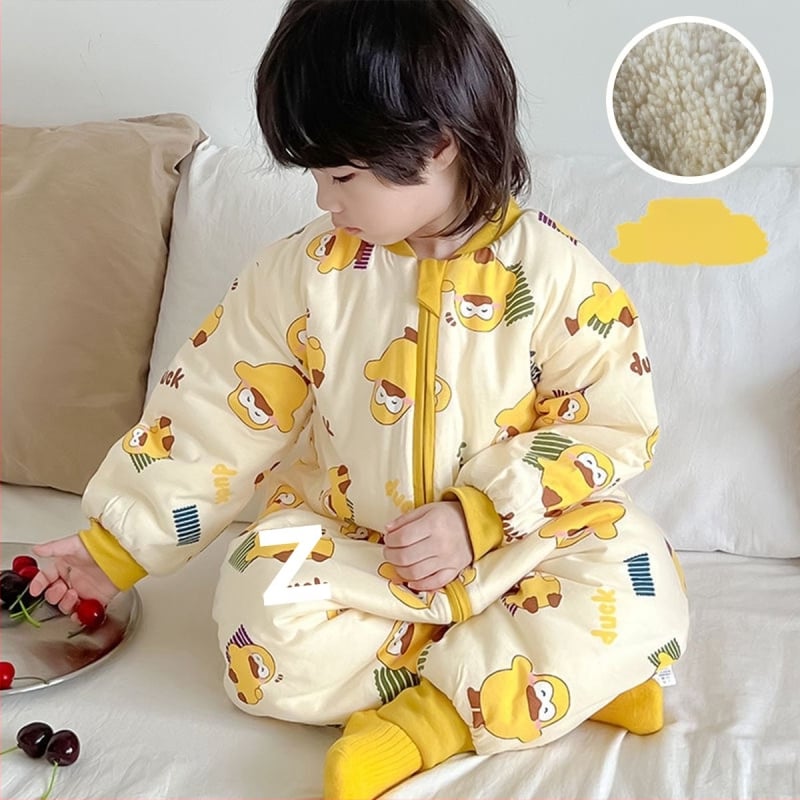 Laste magamiskott sügis-talv, paksenenud, lukuga, jagatud jalgadega, puuvillane väliskangas, kašmiiritäide, karikatuurne stiil, unisex