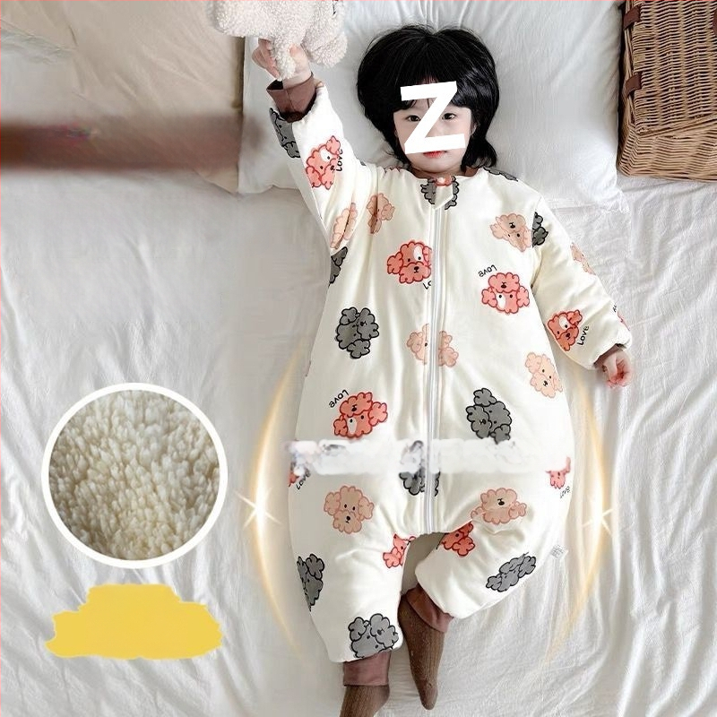 Laste magamiskott sügis-talv, paksenenud, lukuga, jagatud jalgadega, puuvillane väliskangas, kašmiiritäide, karikatuurne stiil, unisex