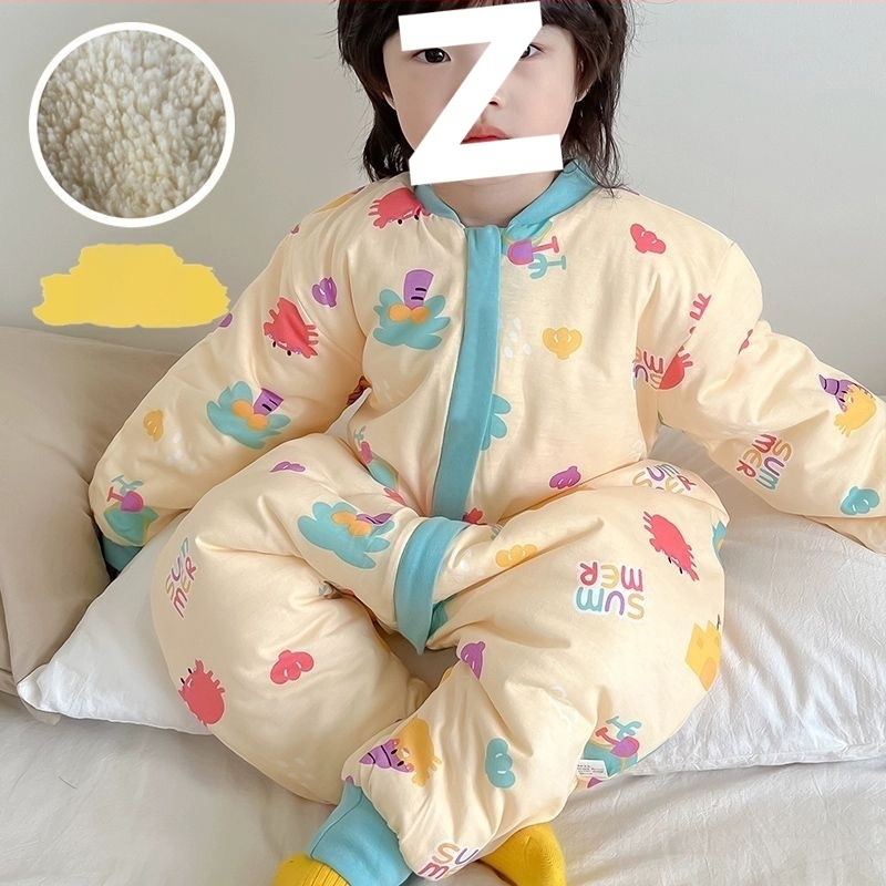 Laste magamiskott sügis-talv, paksenenud, lukuga, jagatud jalgadega, puuvillane väliskangas, kašmiiritäide, karikatuurne stiil, unisex