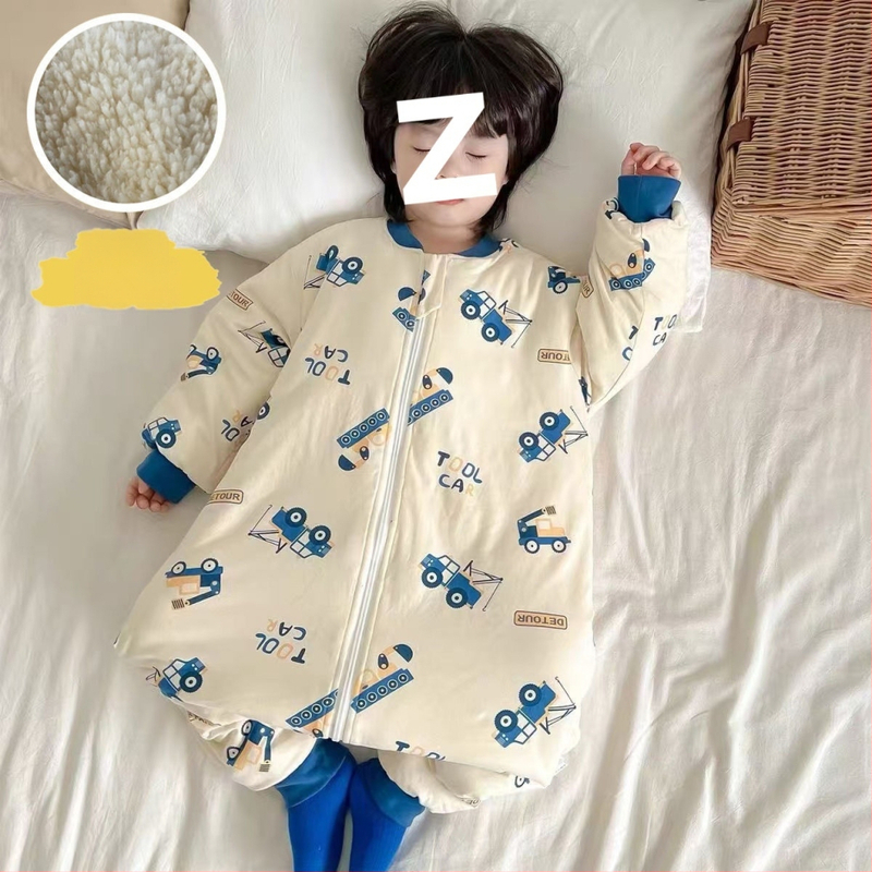 Laste magamiskott sügis-talv, paksenenud, lukuga, jagatud jalgadega, puuvillane väliskangas, kašmiiritäide, karikatuurne stiil, unisex