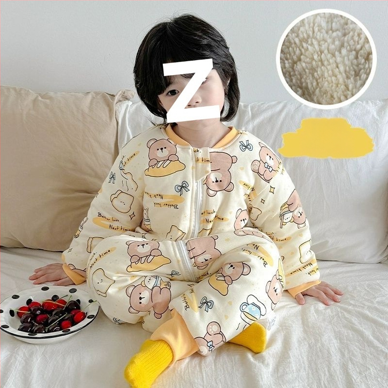 Laste magamiskott sügis-talv, paksenenud, lukuga, jagatud jalgadega, puuvillane väliskangas, kašmiiritäide, karikatuurne stiil, unisex