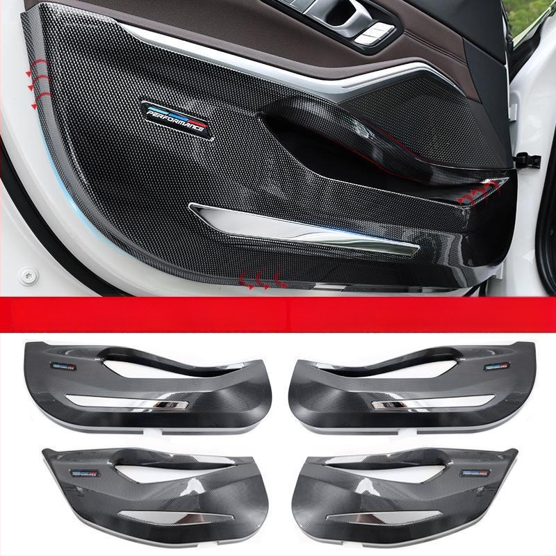 BMW ajtó kick-plate védő – ABS, karbon szövet minta, belső átalakítási kiegészítő, kompatibilis 3-as, 5-ös, X3, X5, X7