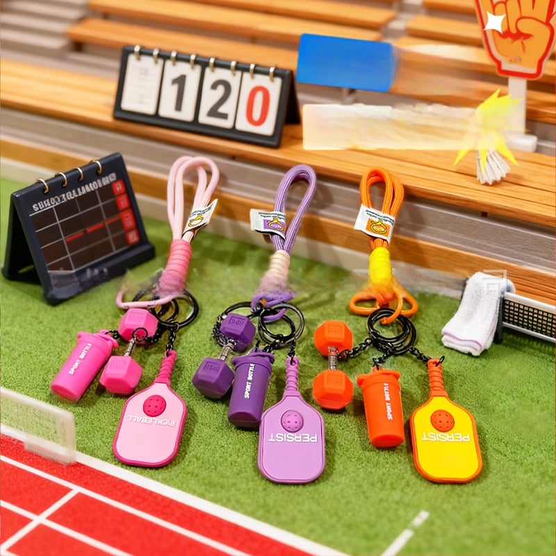 Σετ ρακέτες pickleball με καρτούν στυλ, μπρελόκ κλειδιών, μπουκάλι νερού ντοπαμίνης και μενταγιόν για σακίδιο