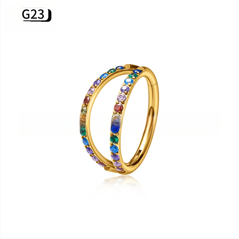 Nosis žiedas su cirkonų įdėklu, G23 titano lydinys, dviguba briauna su deimantais, išgraviruoti piercing papuošalai