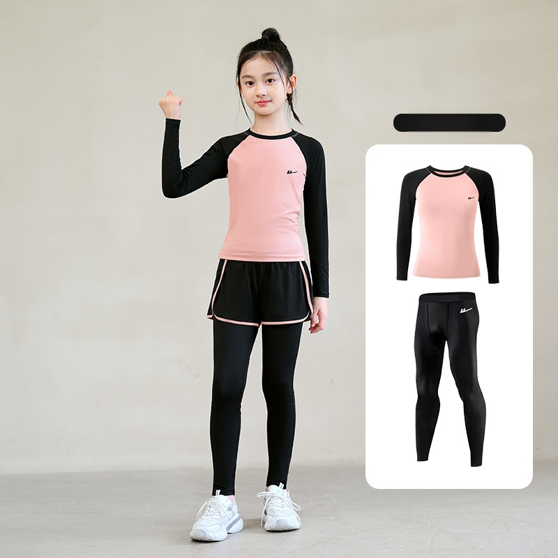 Set sport pentru fetițe, croi strâns, uscare rapidă — poliester/elastan 95/5, căptușeală poliester/elastan 5%, model monocrom, potrivit pentru iarnă, primăvară și toamnă, pentru alergare și fitness