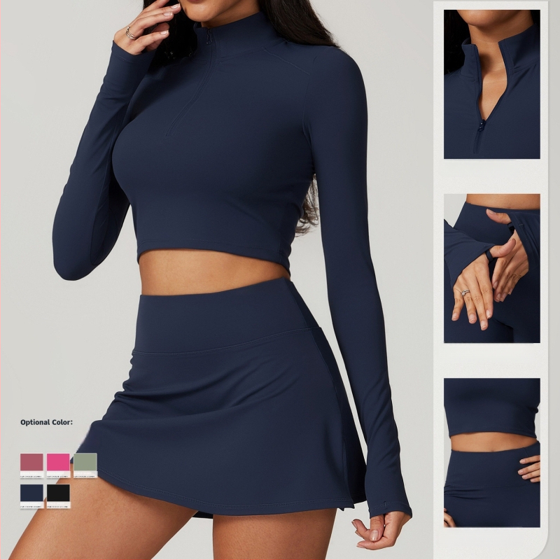 Sieviešu jogas komplekts ar rāvējslēdzēju, garām piedurknēm, ātri žūstošs skriešanas komplekts ar iekšējo topu