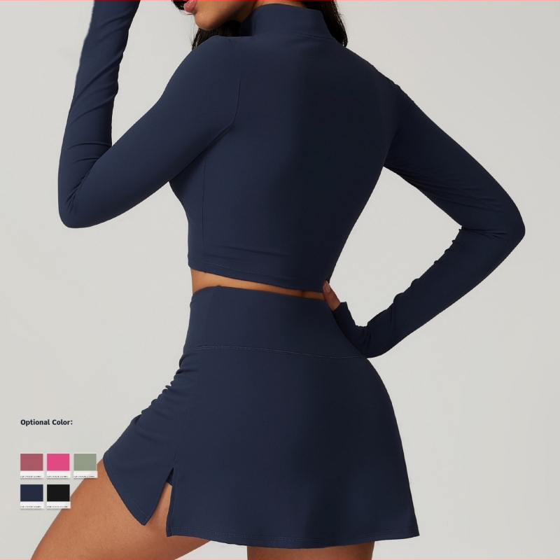 Sieviešu jogas komplekts ar rāvējslēdzēju, garām piedurknēm, ātri žūstošs skriešanas komplekts ar iekšējo topu