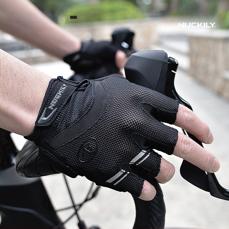 NUCKILY Mănuși de bicicletă cu degete jumătate, pernă groasă în palmă, antiderapante, absorbție la șocuri, Nylon