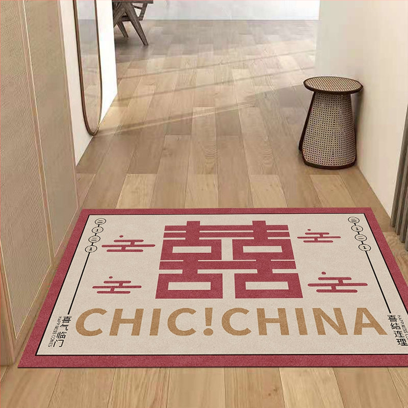 Входен килим с мотив Двойно щастие, полиестерно влакно, правоъгълен формат, машинно тъкане, стил Китайски вятър, печат на лого по поръчка, машинно пране