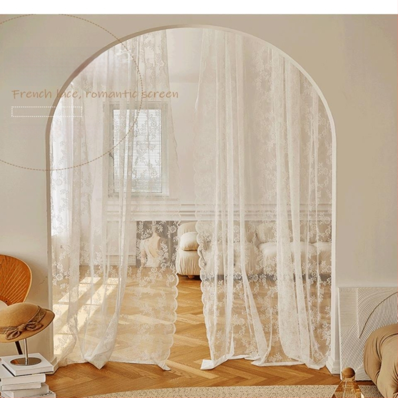 Draperie despărțitoare de bucătărie, dantelă franțuzească, poliester, semi-umbrire 40-70%, potrivită pentru living, dormitor, bucătărie, baie, balcon; spălare manuală