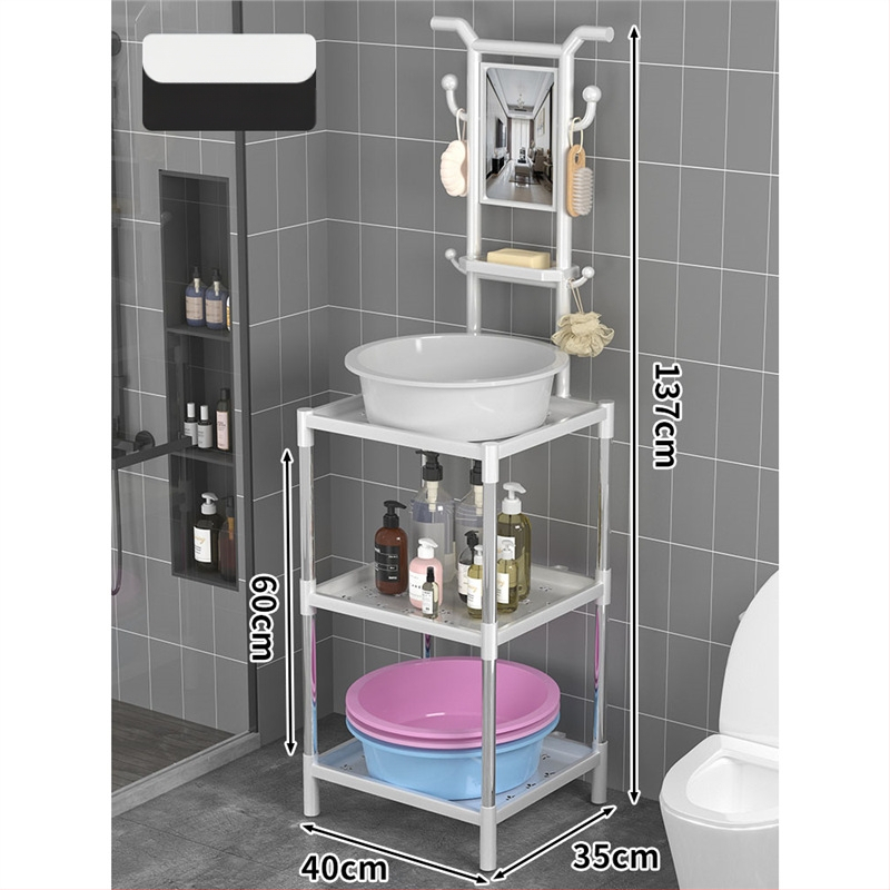 Padlón álló mosdóállvány fürdőszobába, 3 polcos, modern minimál stílus, anyag: műanyag + acélcső, modell Lianpen-4-22