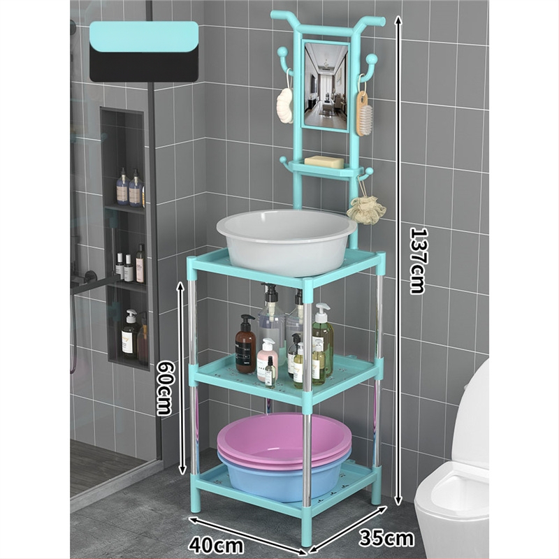 Padlón álló mosdóállvány fürdőszobába, 3 polcos, modern minimál stílus, anyag: műanyag + acélcső, modell Lianpen-4-22