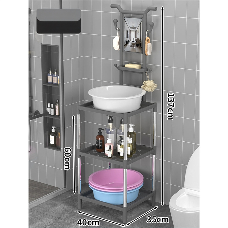 Padlón álló mosdóállvány fürdőszobába, 3 polcos, modern minimál stílus, anyag: műanyag + acélcső, modell Lianpen-4-22