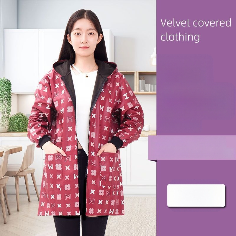 Ποδιά με μακριά μανίκια, fleece επένδυση από πολυεστέρα - κατά της βρωμιάς, ανθεκτική στη φθορά, κουζίνας για ενήλικες γυναίκες