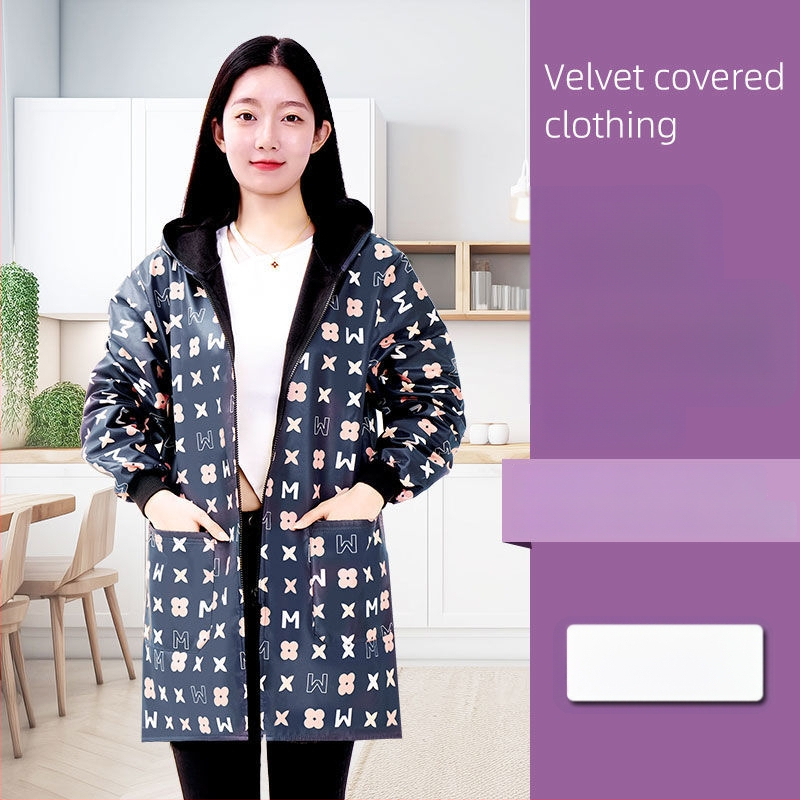 Ποδιά με μακριά μανίκια, fleece επένδυση από πολυεστέρα - κατά της βρωμιάς, ανθεκτική στη φθορά, κουζίνας για ενήλικες γυναίκες