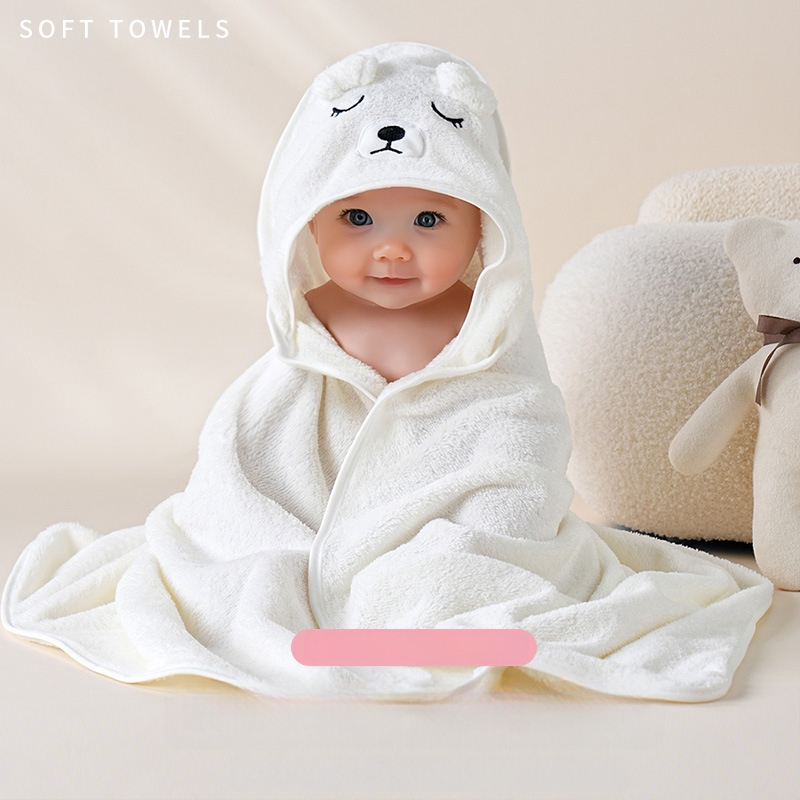 Dječji ručnik za kupanje s kapuljačom - koralni fleece, 150D, 120–140 g, brzo sušenje, uzorak: crtani likovi, slova, vezenje