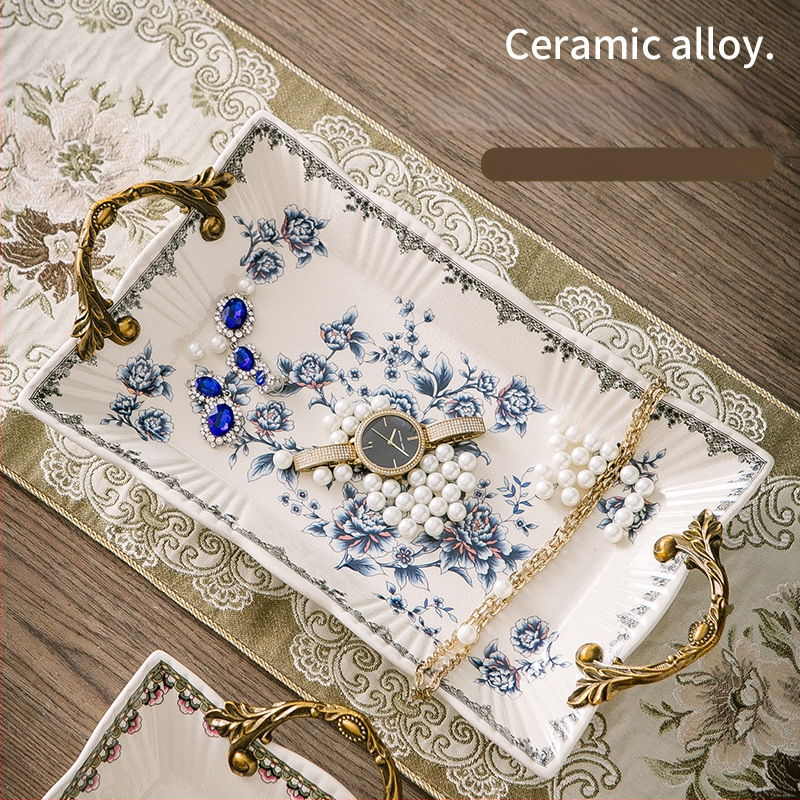 Порцеланова чиния за плодове с двойни дръжки, лек луксозен ретро стил, тегло 1.6 кг