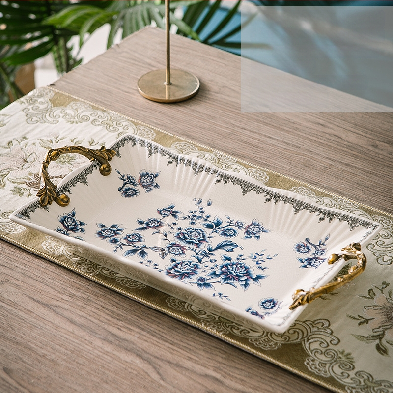 Порцеланова чиния за плодове с двойни дръжки, лек луксозен ретро стил, тегло 1.6 кг