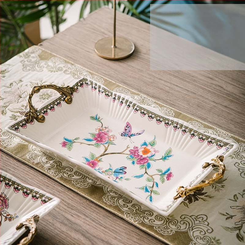 Порцеланова чиния за плодове с двойни дръжки, лек луксозен ретро стил, тегло 1.6 кг