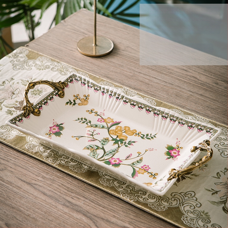 Порцеланова чиния за плодове с двойни дръжки, лек луксозен ретро стил, тегло 1.6 кг