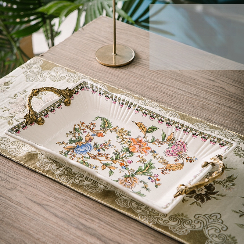 Порцеланова чиния за плодове с двойни дръжки, лек луксозен ретро стил, тегло 1.6 кг