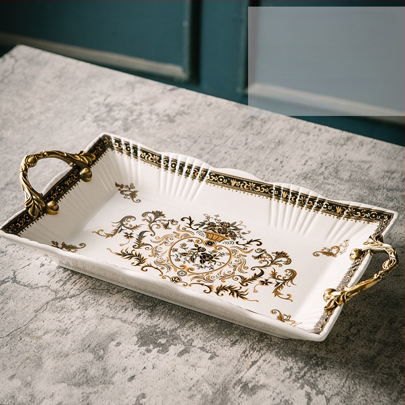 Порцеланова чиния за плодове с двойни дръжки, лек луксозен ретро стил, тегло 1.6 кг