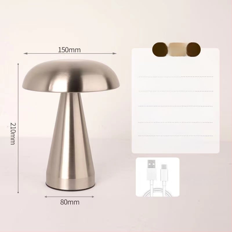 Метална настолна лампа с форма на гъба – USB зареждане, докосване за управление, нощна светлина, креативна амбиентна лампа (Mugrids, CE сертифициран)