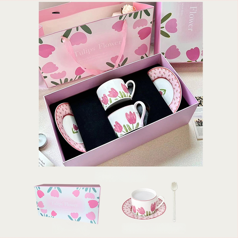 Κεραμικό σετ φλυτζανιού καφέ με πιατέλα, φλοραλ μοτίβο, εκτυπωμένο λογότυπο, κατάλληλο για γραφείο και καφέ