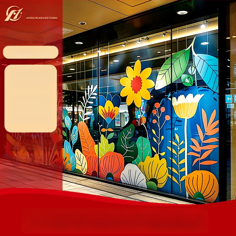 Stikla reklāmu uzlīmes vitrīnām, caurspīdīgi elektrostatiskie PVC uzlīmes veikaliem (PVC; elektrostatiska pielipšana; pielāgots raksts; komerciāliem telpām; mūsdienīgs minimalistiska stils)