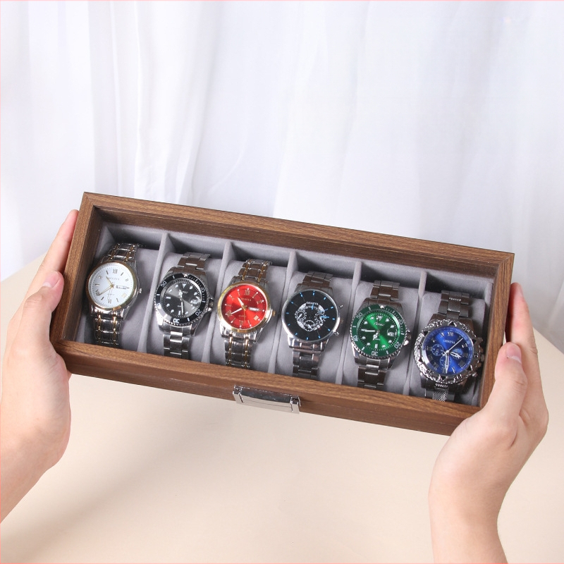 Кутия за часовници за показване - дървена, MDF+PU+цинкова сплав+стъкло, сглобяема, терминално опакована, за общо съхранение и бижута
