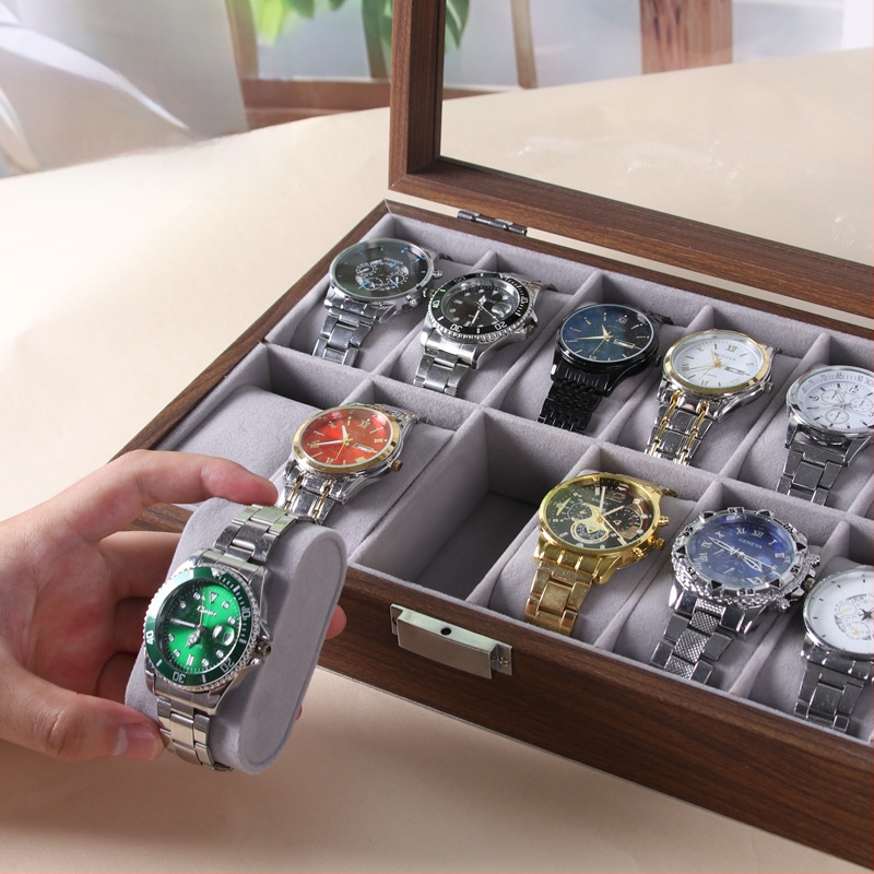 Кутия за часовници за показване - дървена, MDF+PU+цинкова сплав+стъкло, сглобяема, терминално опакована, за общо съхранение и бижута