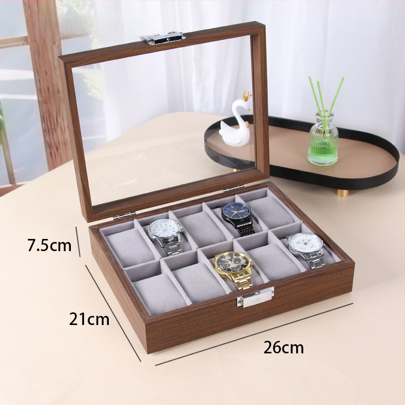 Кутия за часовници за показване - дървена, MDF+PU+цинкова сплав+стъкло, сглобяема, терминално опакована, за общо съхранение и бижута