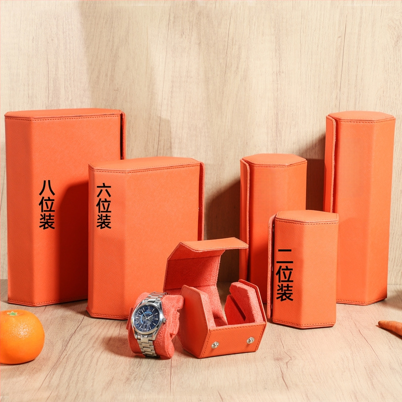 Тричастична шестостенна кожена кутия за часовници от топкожа, ръчна изработка, преносима за пътуване