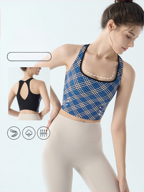 Ženski sportski grudnjak s fiksnim jastučićima, uzorak houndstooth, joga top za trening