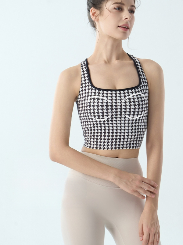 Ženski sportski grudnjak s fiksnim jastučićima, uzorak houndstooth, joga top za trening