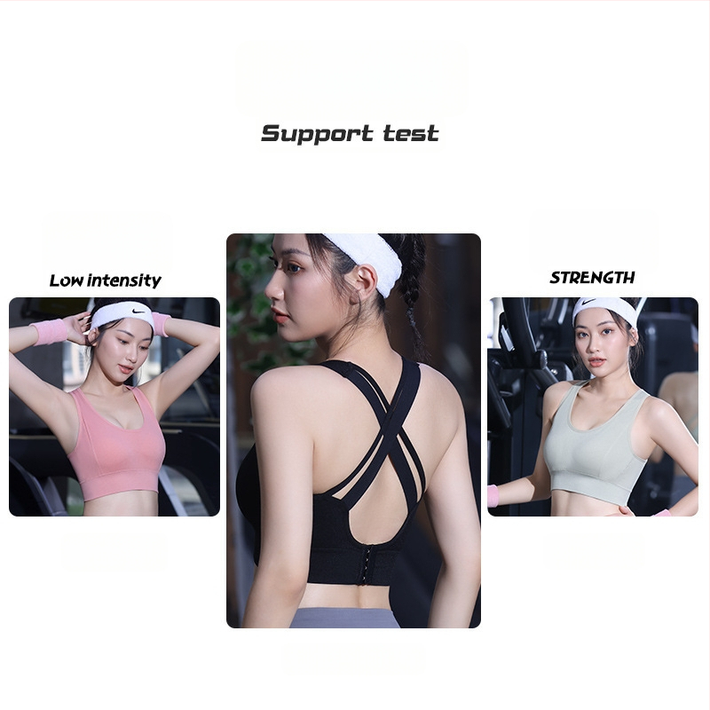 Спортно бюстие с racerback, висока поддръжка, чашки от латекс (модел), нейлонов плат с подплата от спандекс, фиксирани двойни презрамки, задни четири реда закопчаване, дишащо и влагоабсорбиращо