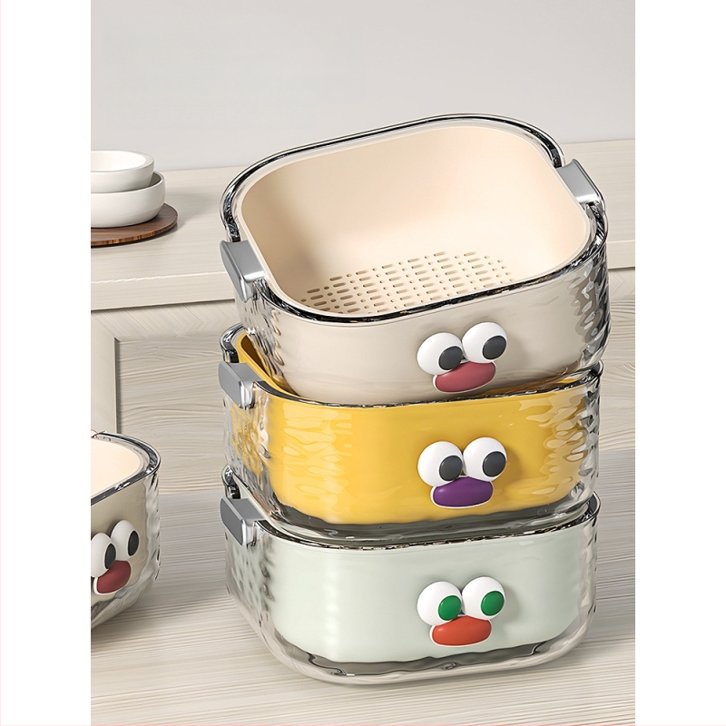 Двупластов басейн за миене на зеленчуци с дренажна кошница, PET пластмаса, карикатурен принт, модерен минималистичен стил, първокласно качество