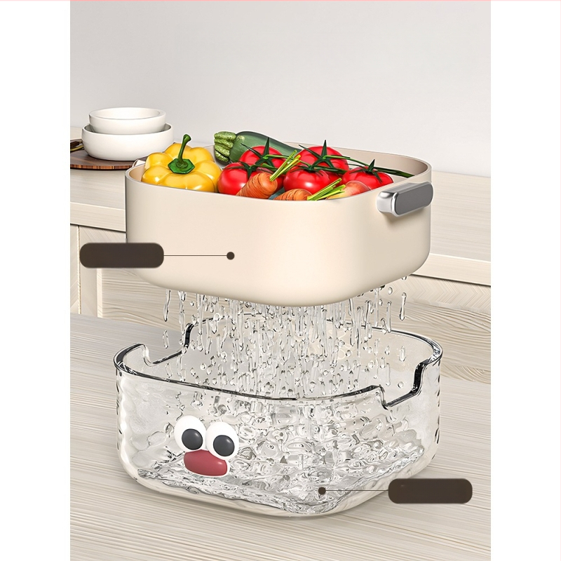 Двупластов басейн за миене на зеленчуци с дренажна кошница, PET пластмаса, карикатурен принт, модерен минималистичен стил, първокласно качество