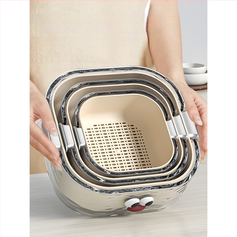 Двупластов басейн за миене на зеленчуци с дренажна кошница, PET пластмаса, карикатурен принт, модерен минималистичен стил, първокласно качество