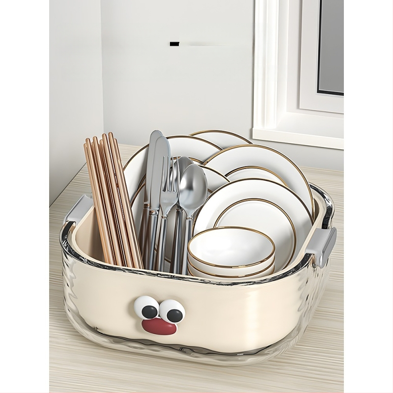 Двупластов басейн за миене на зеленчуци с дренажна кошница, PET пластмаса, карикатурен принт, модерен минималистичен стил, първокласно качество