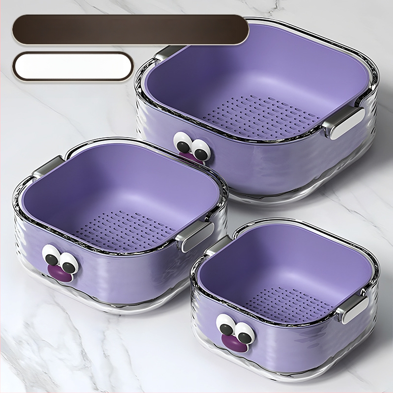 Двупластов басейн за миене на зеленчуци с дренажна кошница, PET пластмаса, карикатурен принт, модерен минималистичен стил, първокласно качество