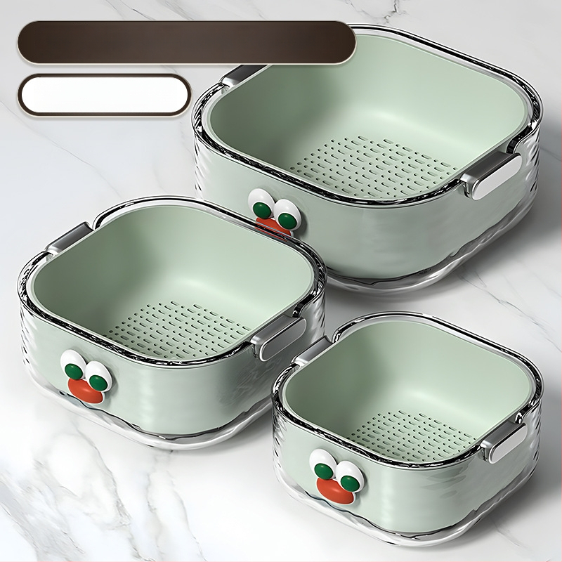 Двупластов басейн за миене на зеленчуци с дренажна кошница, PET пластмаса, карикатурен принт, модерен минималистичен стил, първокласно качество